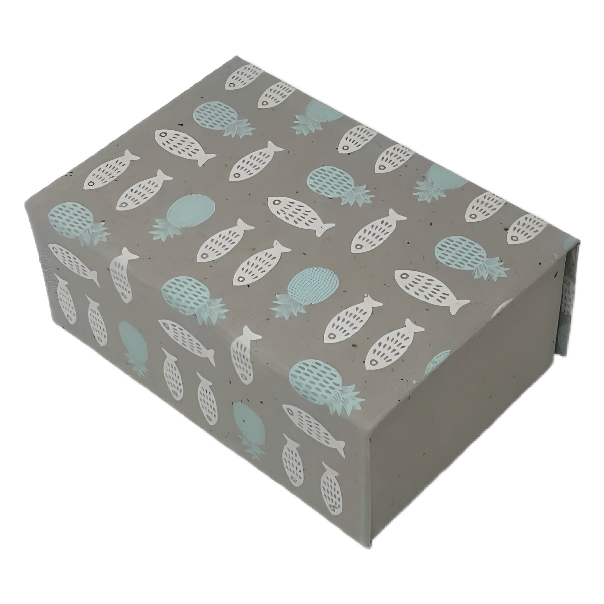 Magnet Gift Box - coffee brown, sky blue pineapple and off-white fish print