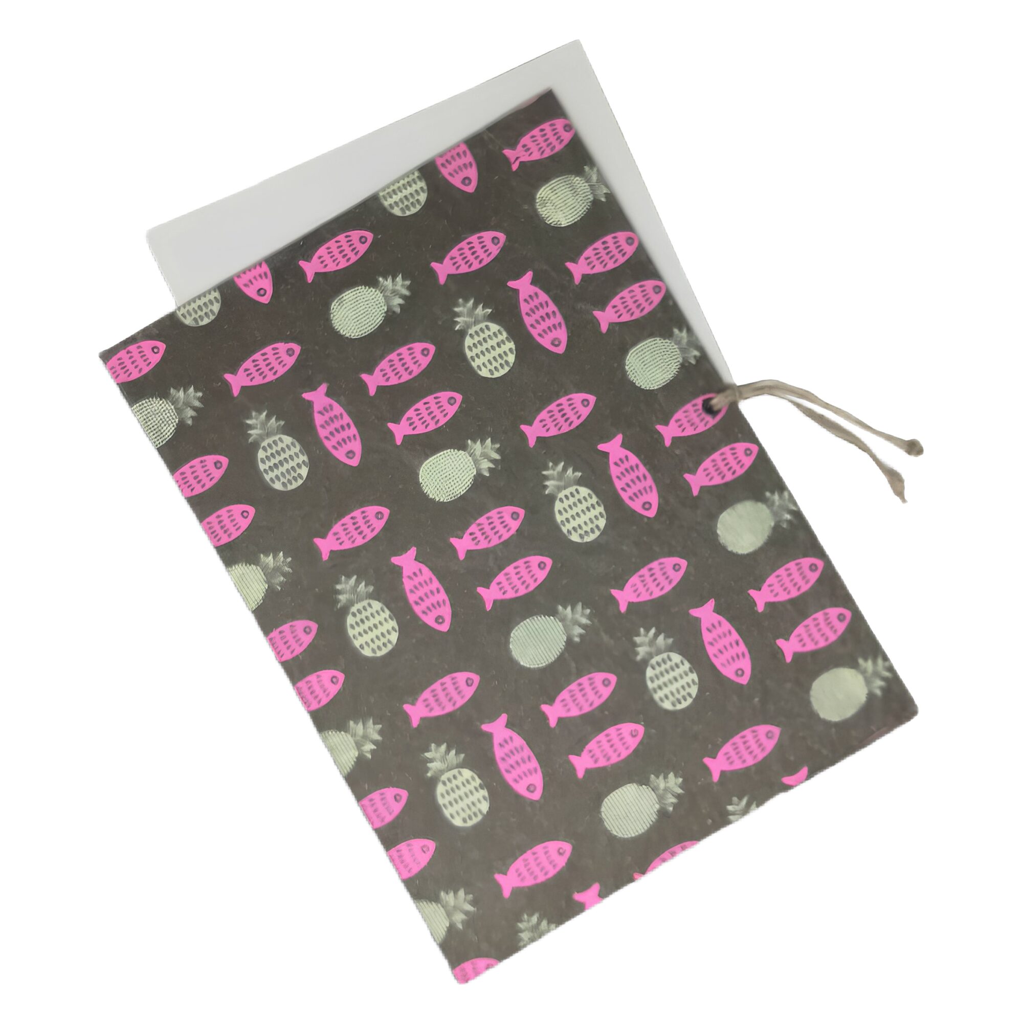 Handmade Linen File folder - Pink fish and cream white small pineapple print