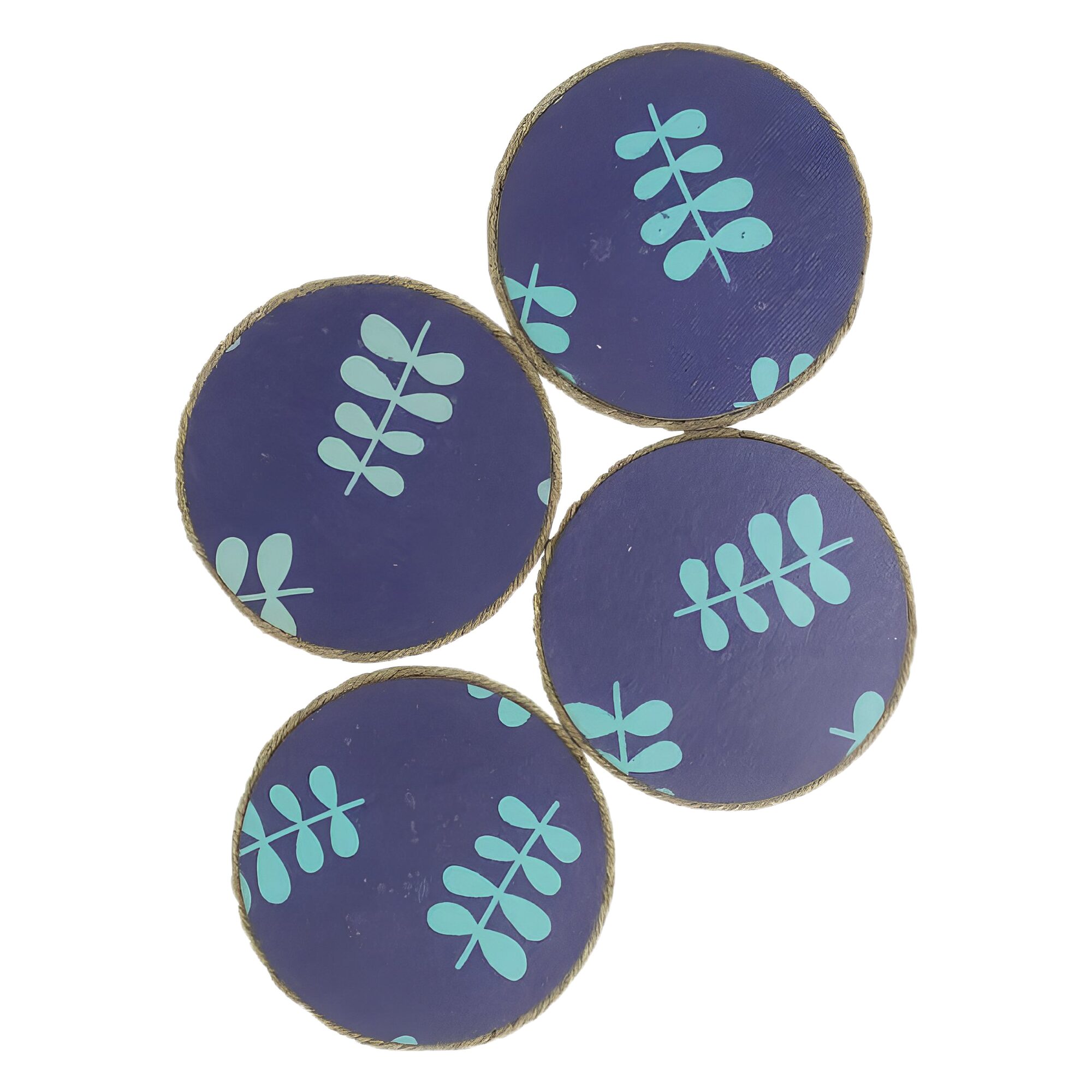 Vintage Coasters set - purple and sky blue screen printed twig leaf