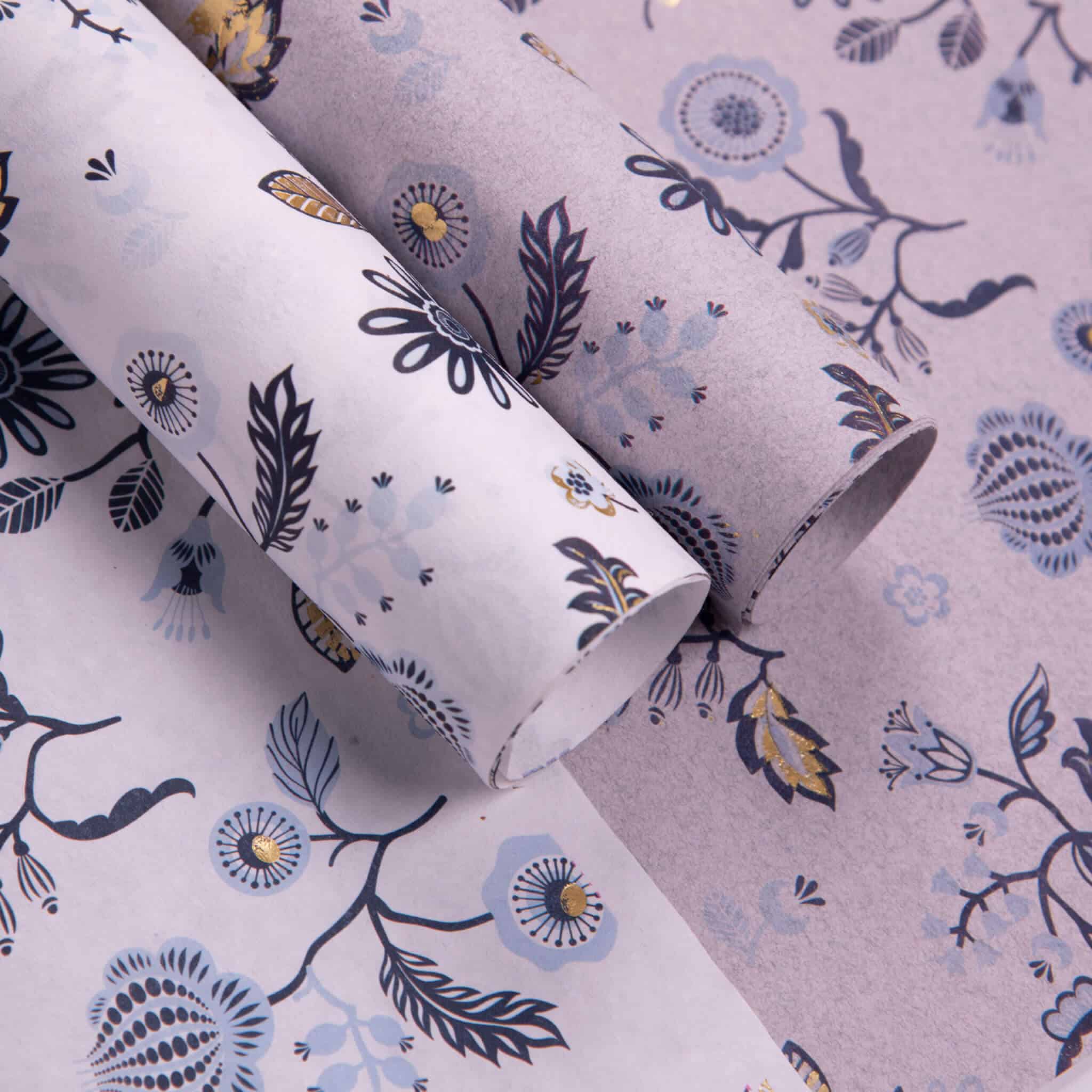 Floral Gold Foiling Gift Wraps - Navy Blue and Sky Blue Floral Prints (Set of 2)